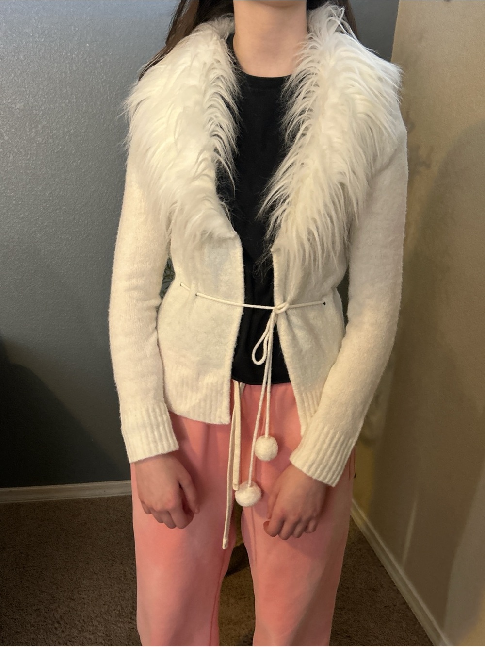 White Faux Fur Sweater Belted Wool Blend Women’s Size Medium